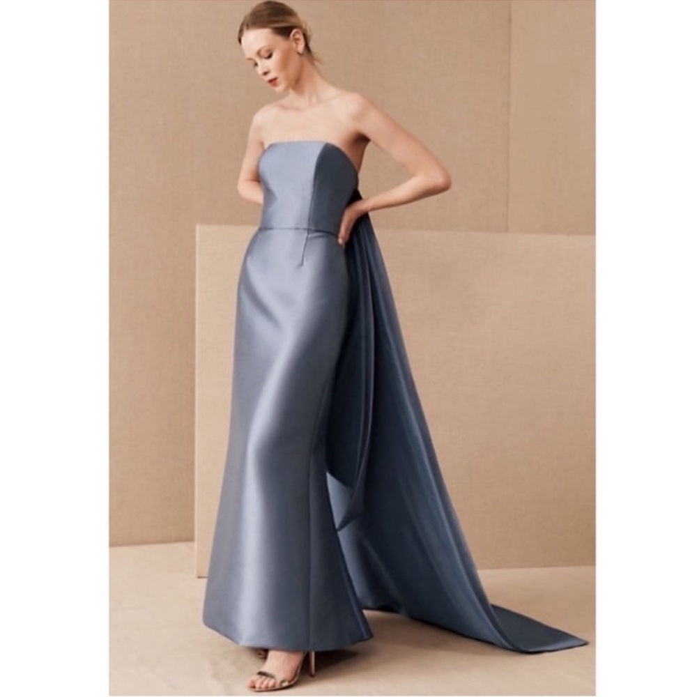 Amsale Strapless Satin Maxi Gown in Dusty Blue